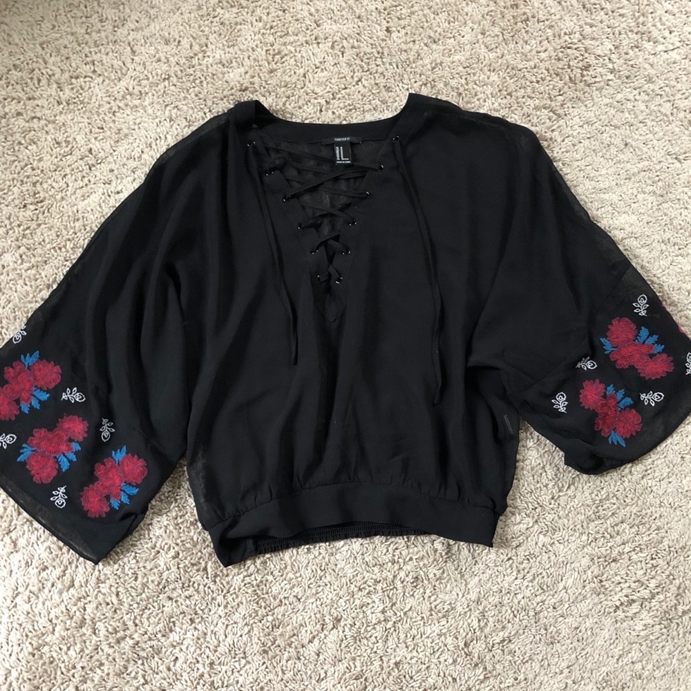 Forever 21 sheer black cinched waist shirt
